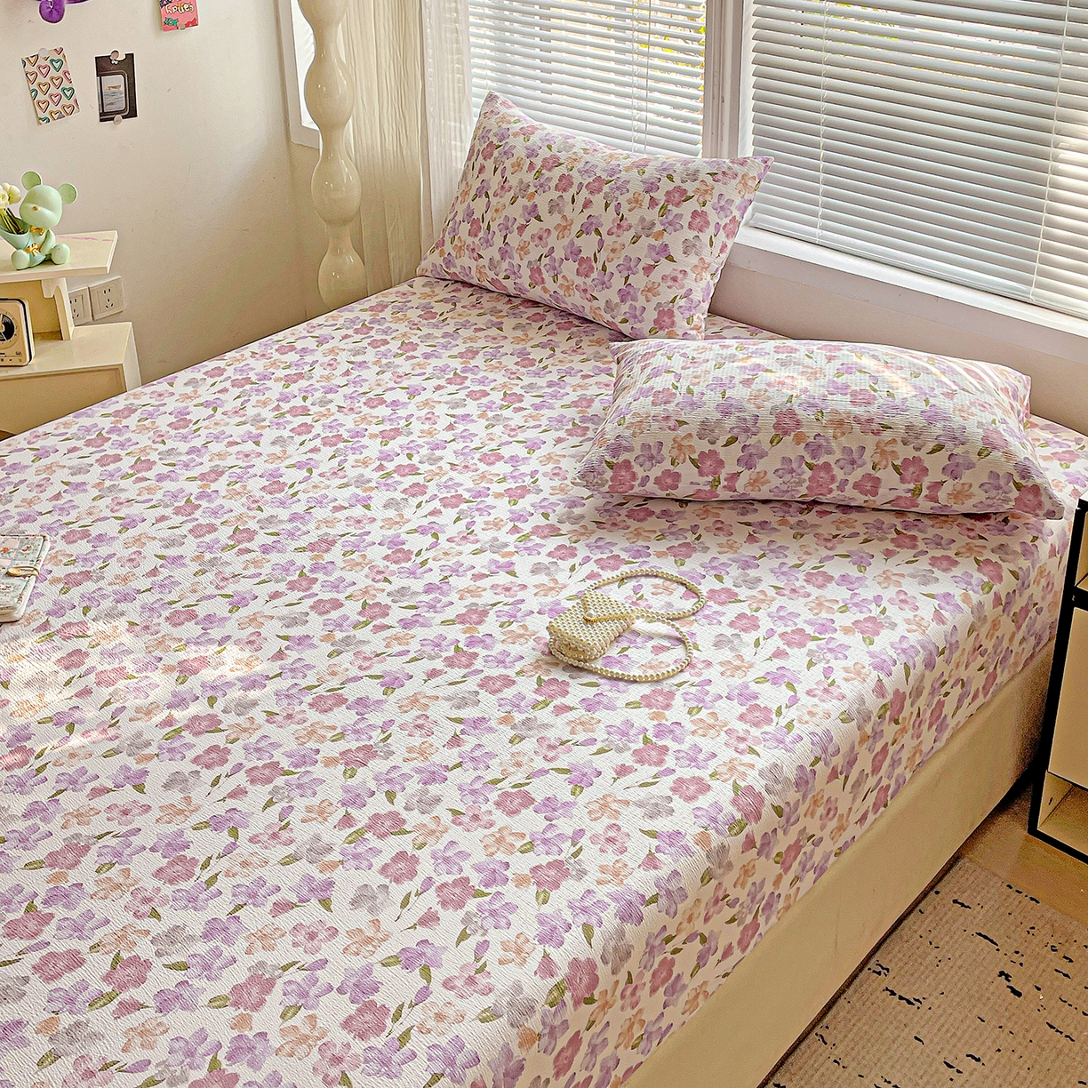 91家纺网 家纺一手货源 找家纺 优选 2026新款ins小清新木棉双层纱印花床笠床垫保护罩枕套三件套 微甜