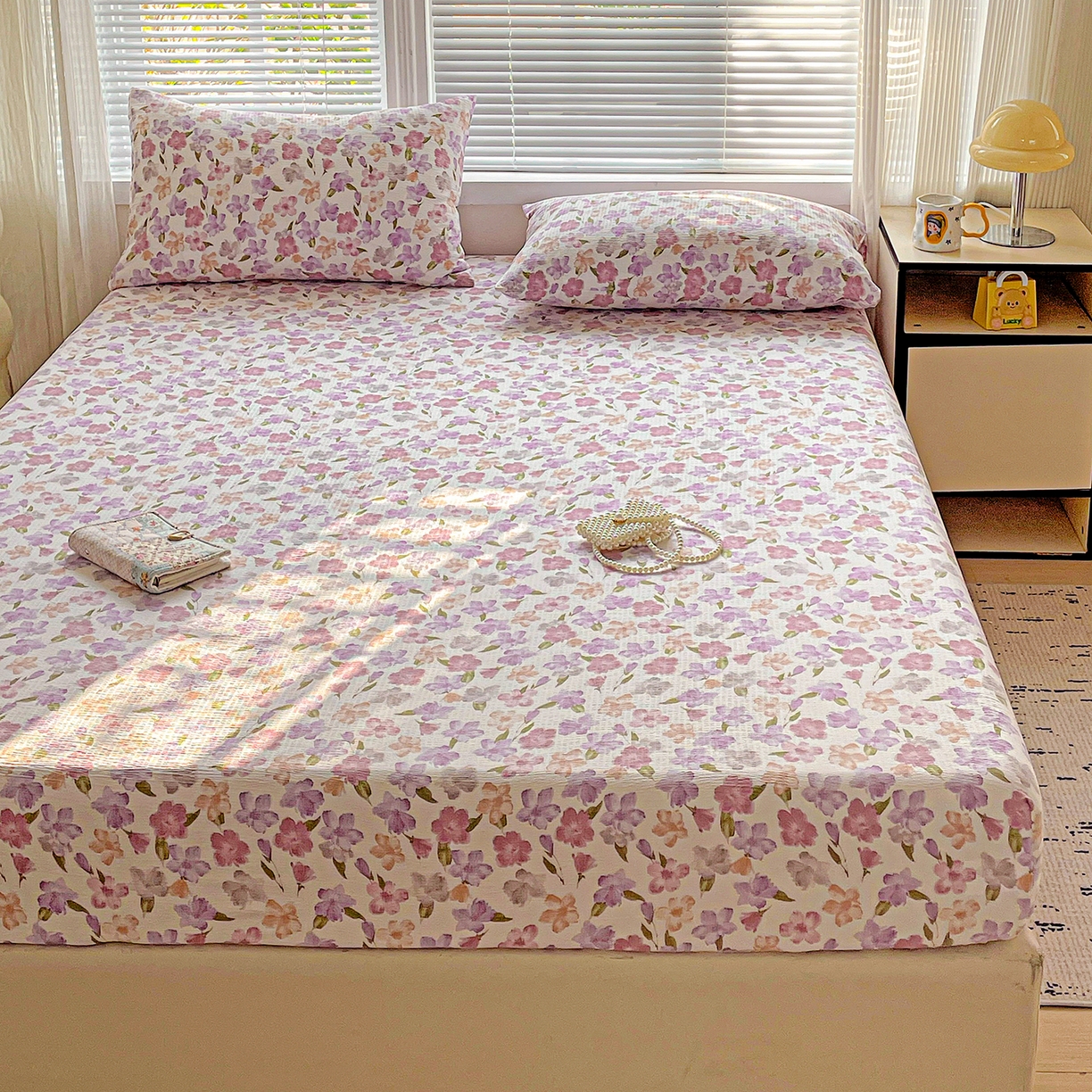 91家纺网 家纺一手货源 找家纺 优选 2026新款ins小清新木棉双层纱印花床笠床垫保护罩枕套三件套 微甜