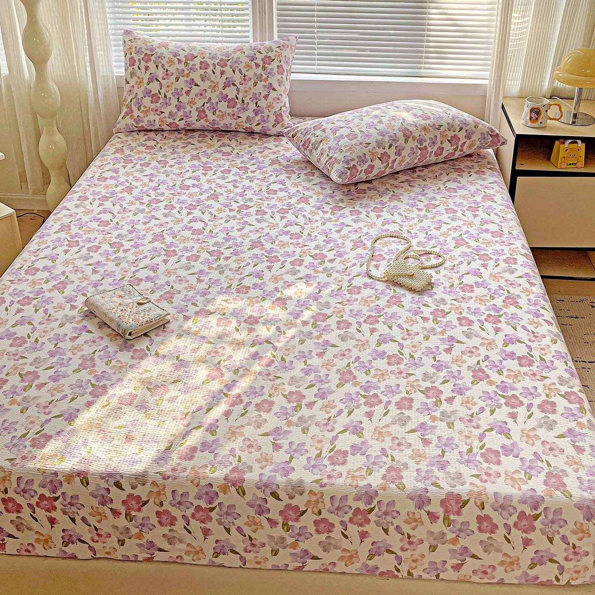 91家纺网 家纺一手货源 找家纺 优选 2026新款ins小清新木棉双层纱印花床笠床垫保护罩枕套三件套 微甜