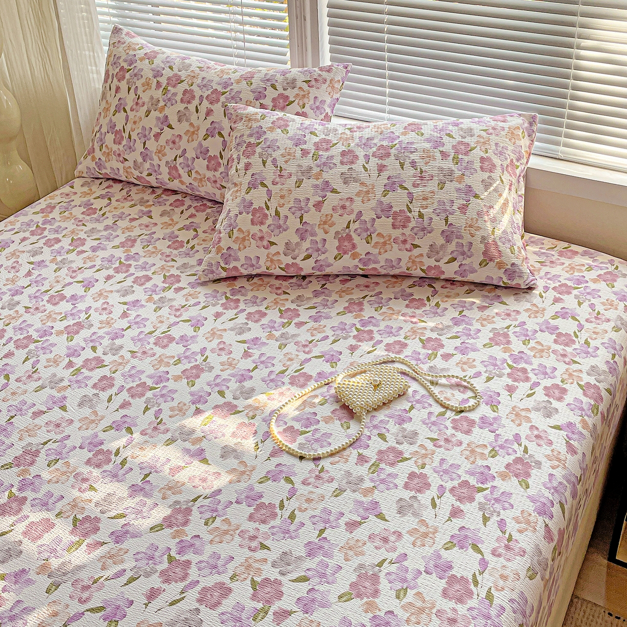 91家纺网 家纺一手货源 找家纺 优选 2026新款ins小清新木棉双层纱印花床笠床垫保护罩枕套三件套 微甜