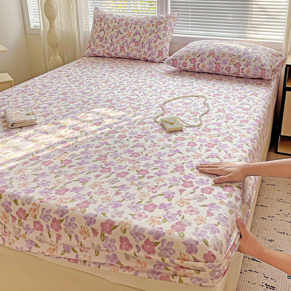 91家纺网 家纺一手货源 找家纺 优选 2026新款ins小清新木棉双层纱印花床笠床垫保护罩枕套三件套 微甜