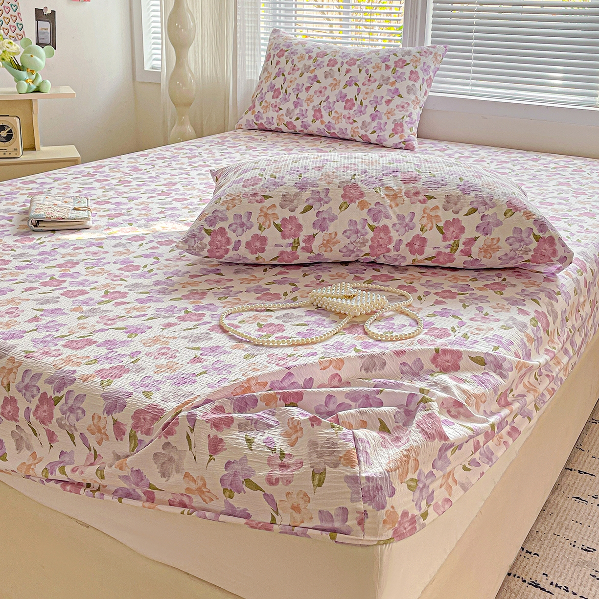 91家纺网 家纺一手货源 找家纺 优选 2026新款ins小清新木棉双层纱印花床笠床垫保护罩枕套三件套 微甜