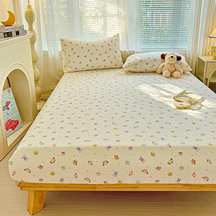 91家纺网 家纺一手货源 找家纺 优选 2026新款ins小清新木棉双层纱印花床笠床垫保护罩枕套三件套 宠溺