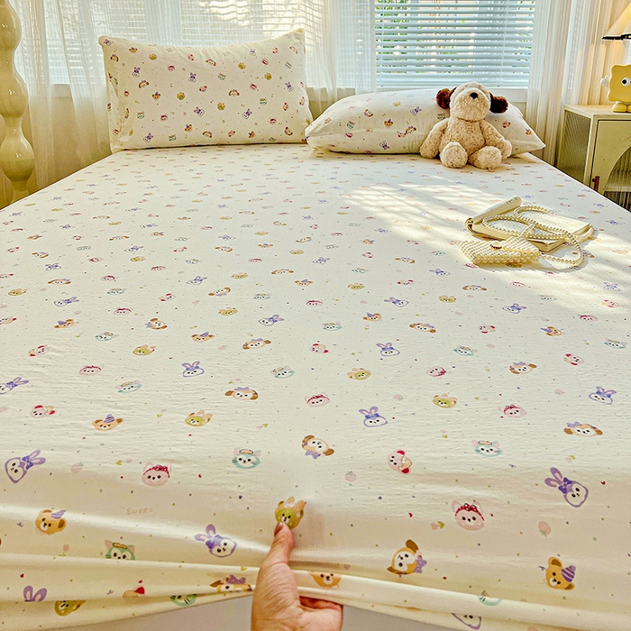 91家纺网 家纺一手货源 找家纺 优选 2026新款ins小清新木棉双层纱印花床笠床垫保护罩枕套三件套 宠溺