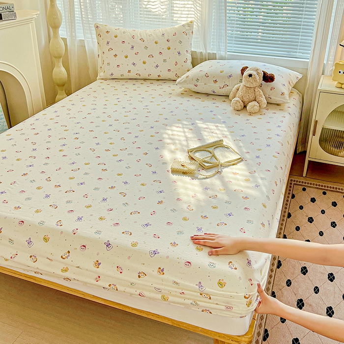 91家纺网 家纺一手货源 找家纺 优选 2026新款ins小清新木棉双层纱印花床笠床垫保护罩枕套三件套 宠溺