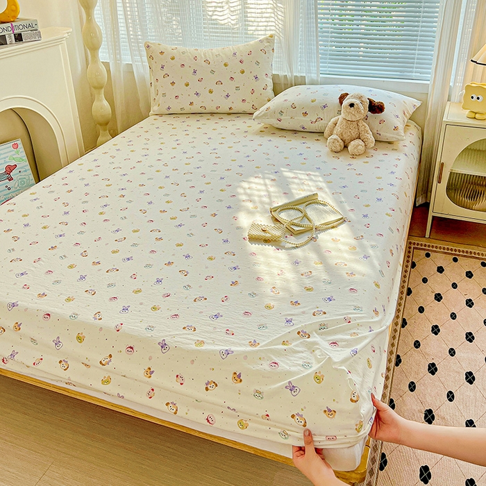 91家纺网 家纺一手货源 找家纺 优选 2026新款ins小清新木棉双层纱印花床笠床垫保护罩枕套三件套 宠溺