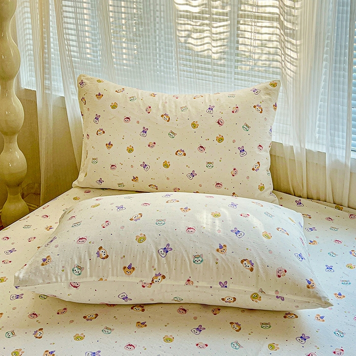 91家纺网 家纺一手货源 找家纺 优选 2026新款ins小清新木棉双层纱印花床笠床垫保护罩枕套三件套 宠溺