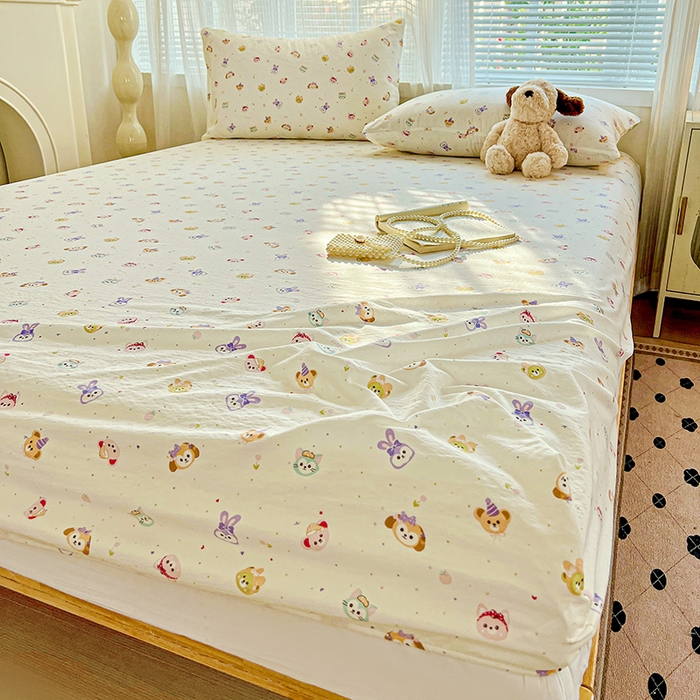 91家纺网 家纺一手货源 找家纺 优选 2026新款ins小清新木棉双层纱印花床笠床垫保护罩枕套三件套 宠溺