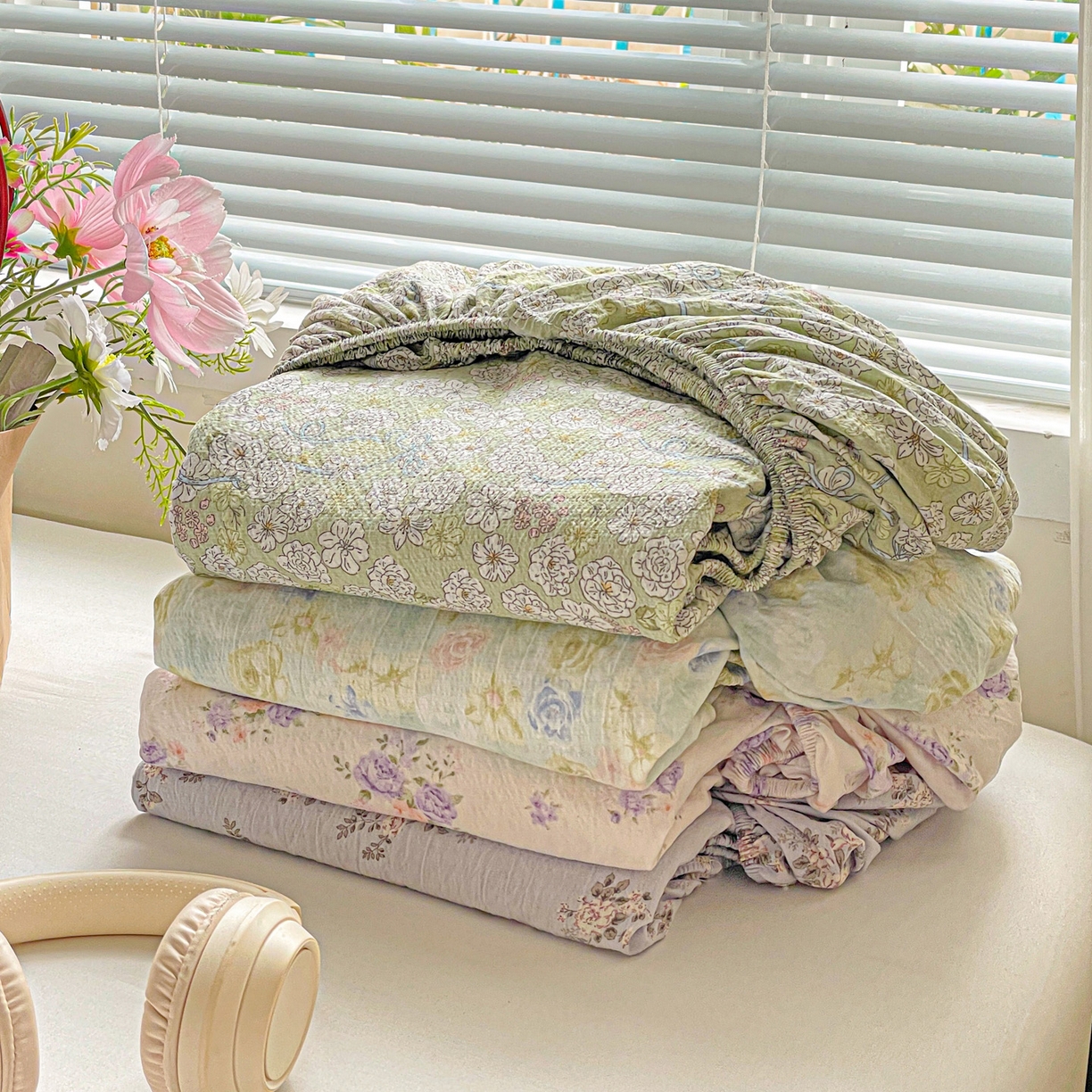 优选良品 2025新款ins小清新木棉双层纱印花床笠床垫保护罩枕套三件套 组合图仅做展示