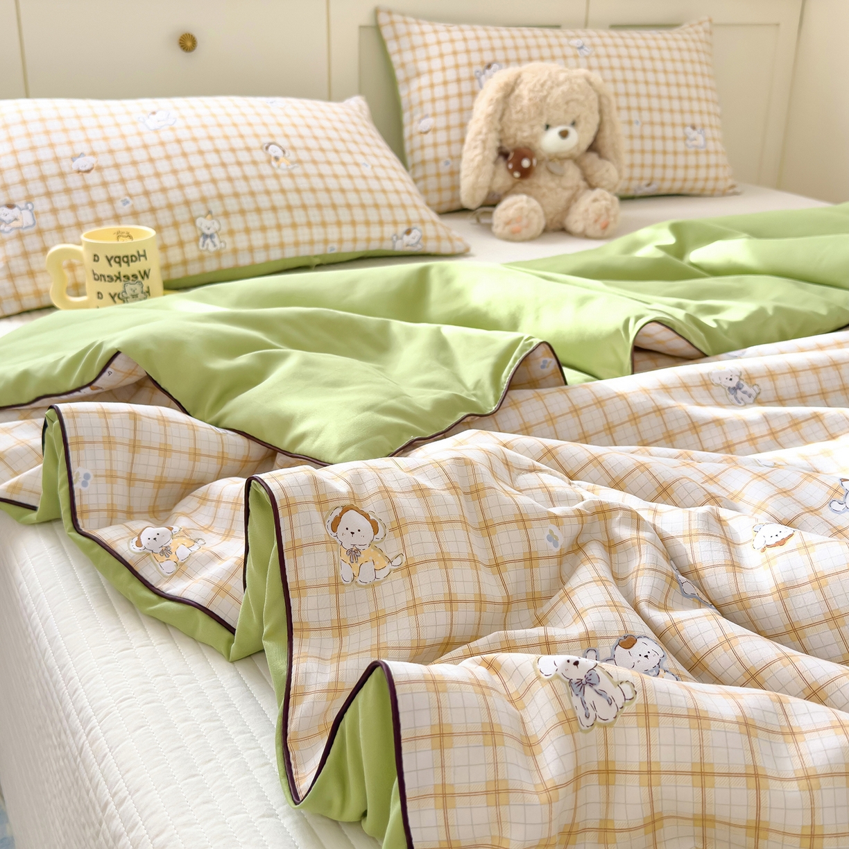 91家纺网 家纺一手货源 找家纺 铺尚美家纺 2026新款A类水洗双层纱大豆夏被子被芯 小狗乐园