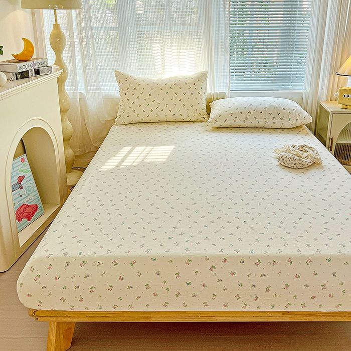 91家纺网 家纺一手货源 找家纺 优选 2026新款ins小清新木棉双层纱印花床笠床垫保护罩枕套三件套 春日繁花