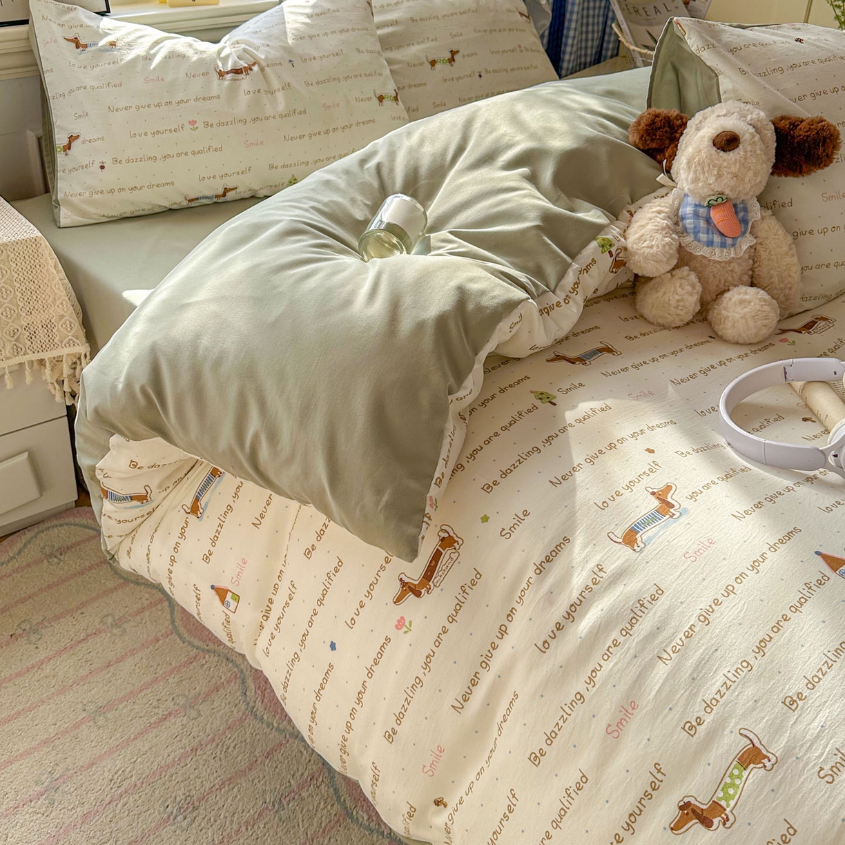 91家纺网 家纺一手货源 找家纺 暖伊家居 2026新款澳洲原单仿棉布袋四件套 腊肠狗