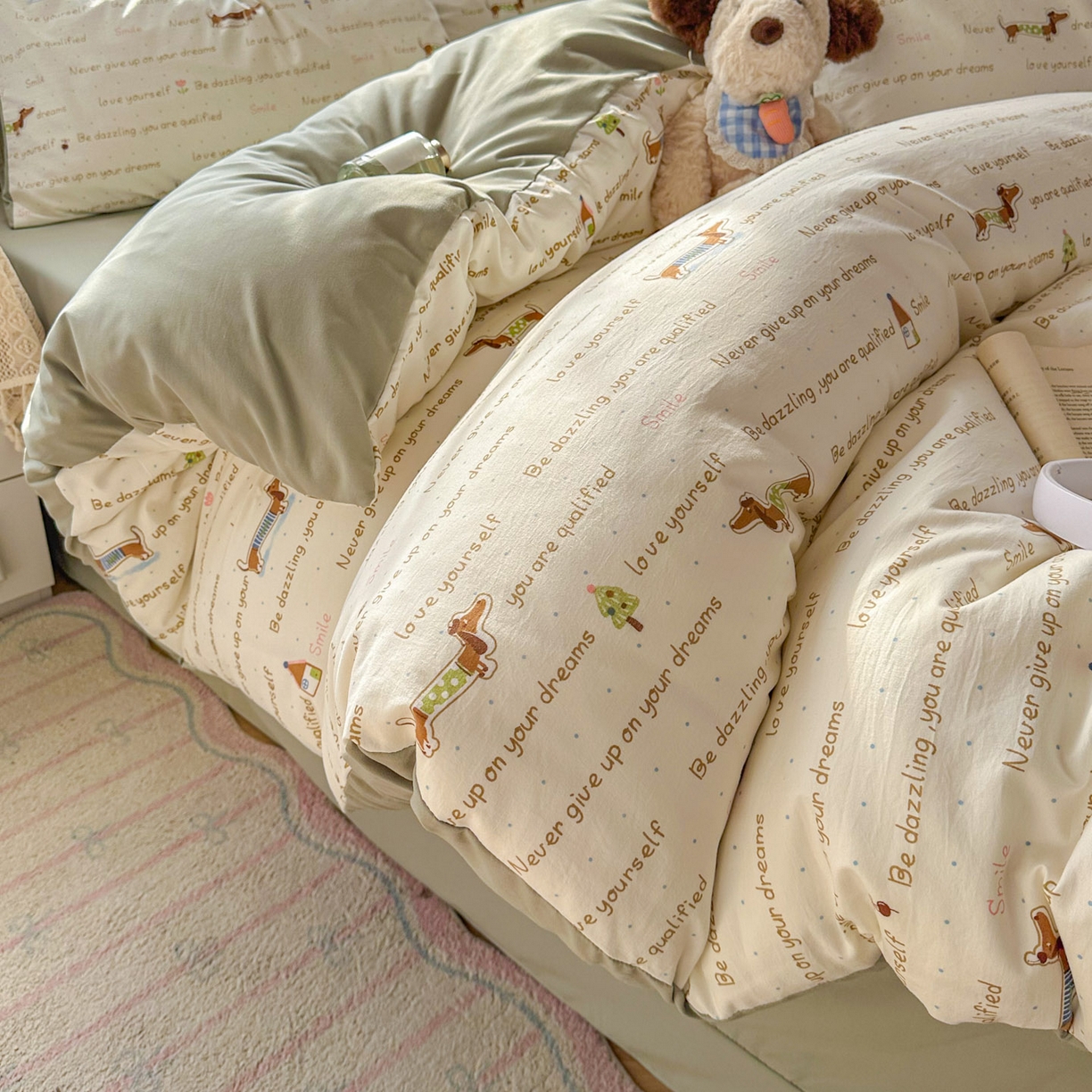 91家纺网 家纺一手货源 找家纺 暖伊家居 2026新款澳洲原单仿棉布袋四件套 腊肠狗