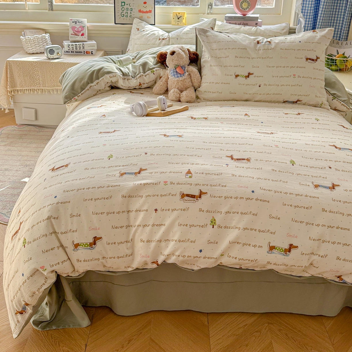 91家纺网 家纺一手货源 找家纺 暖伊家居 2026新款澳洲原单仿棉布袋四件套 腊肠狗