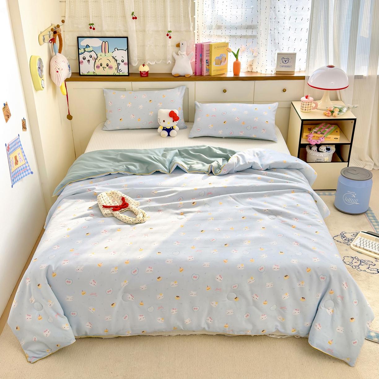 91家纺网 家纺一手货源 找家纺 铺尚美家纺 2026新款A类水洗双层纱大豆夏被子被芯 小猫甜品店