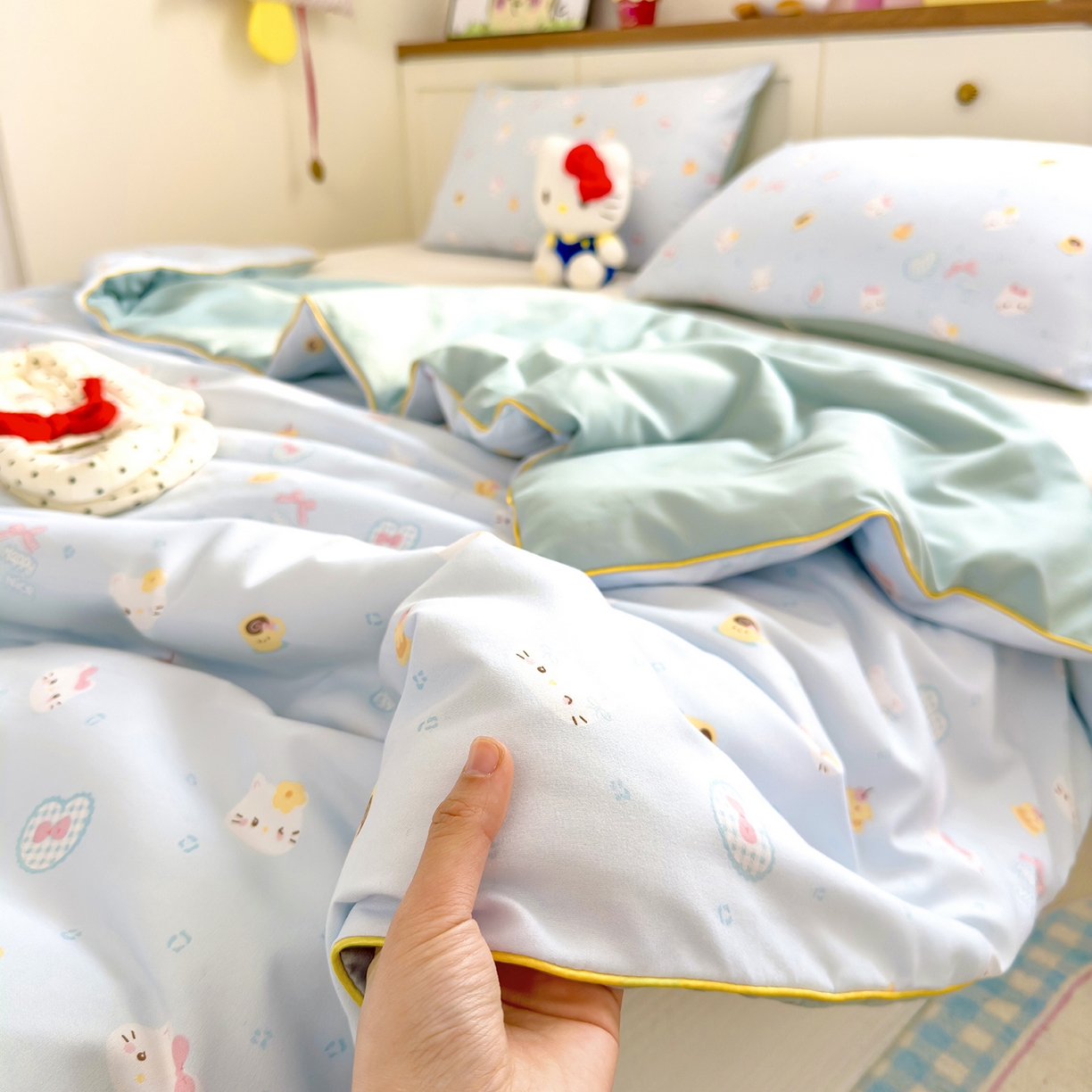 91家纺网 家纺一手货源 找家纺 铺尚美家纺 2026新款A类水洗双层纱大豆夏被子被芯 小猫甜品店