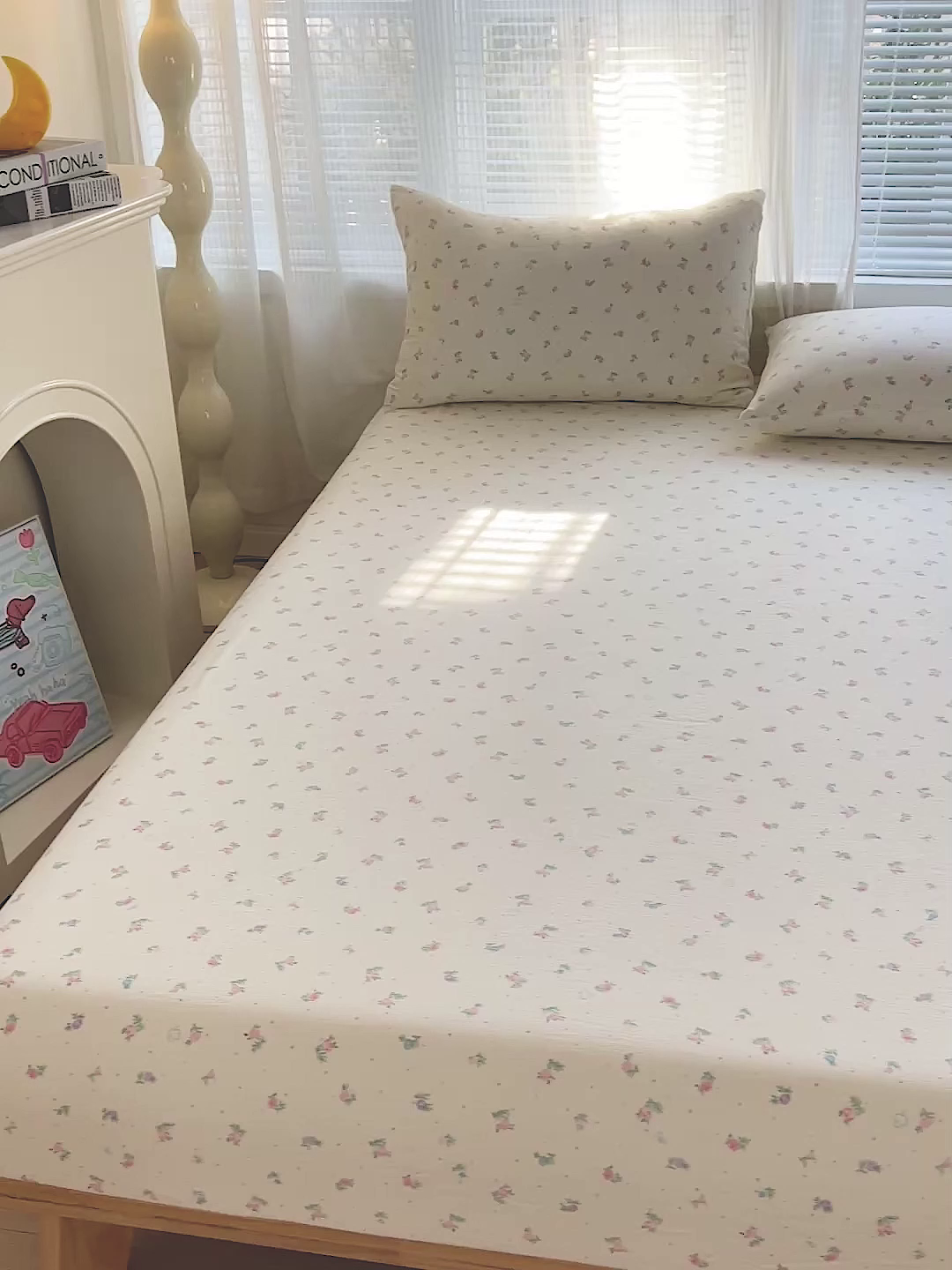 91家纺网 家纺一手货源 找家纺 优选 2026新款ins小清新木棉双层纱印花床笠床垫保护罩枕套三件套 春日繁花