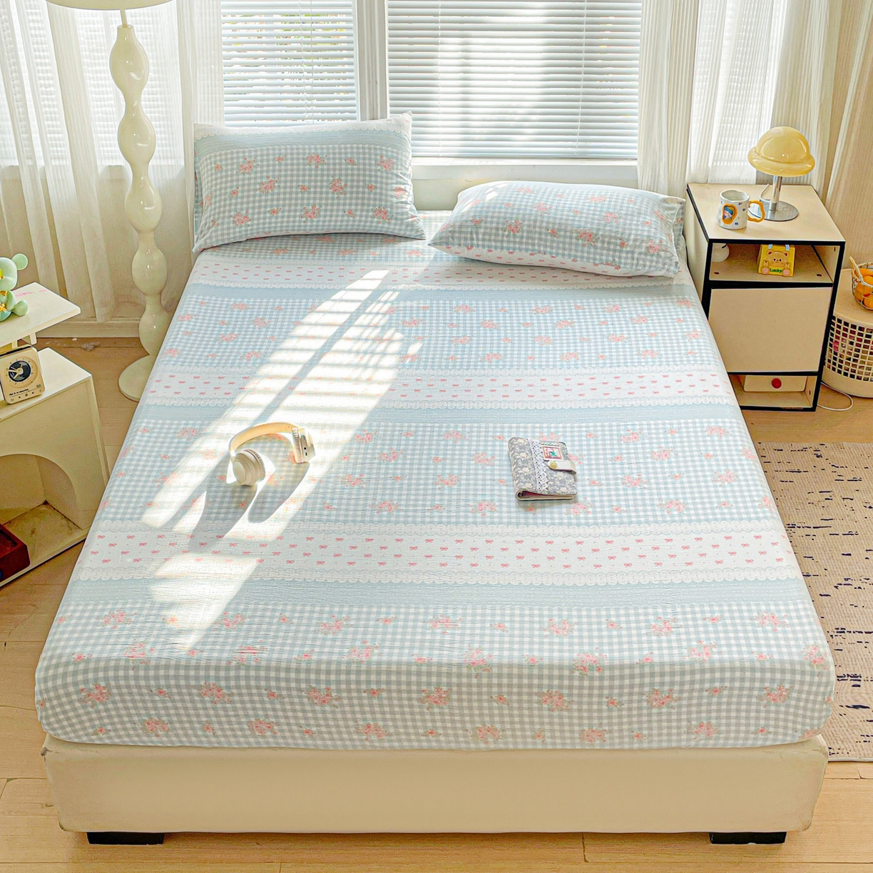 优选良品 2025新款ins小清新木棉双层纱印花床笠床垫保护罩枕套三件套 春朵