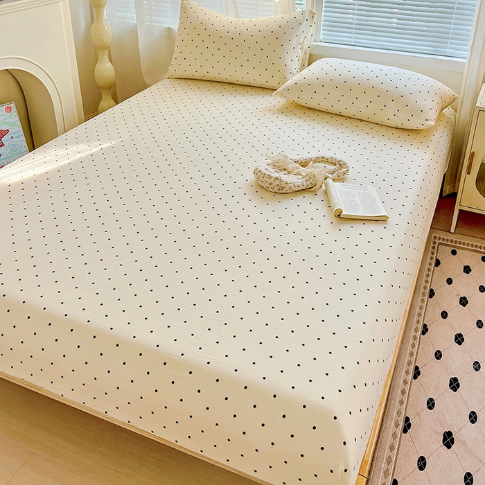 91家纺网 家纺一手货源 找家纺 优选 2026新款ins小清新木棉双层纱印花床笠床垫保护罩枕套三件套 小点点