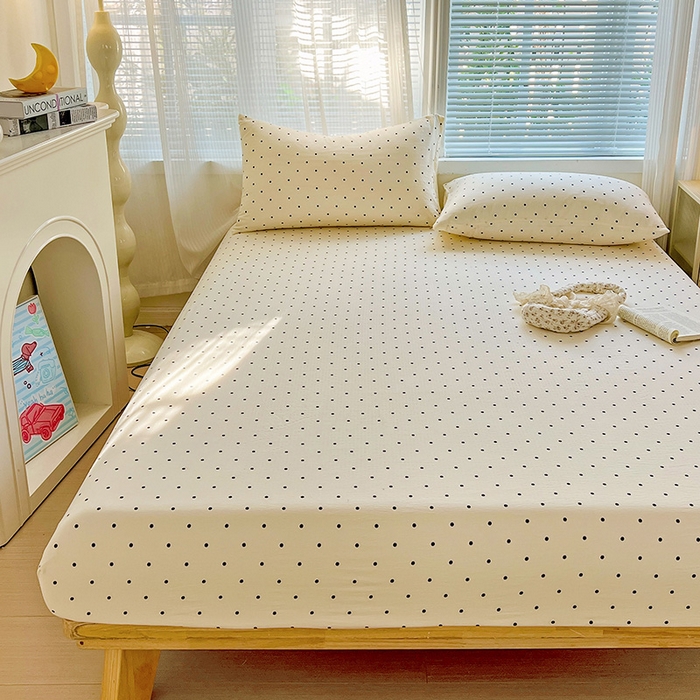 91家纺网 家纺一手货源 找家纺 优选 2026新款ins小清新木棉双层纱印花床笠床垫保护罩枕套三件套 小点点