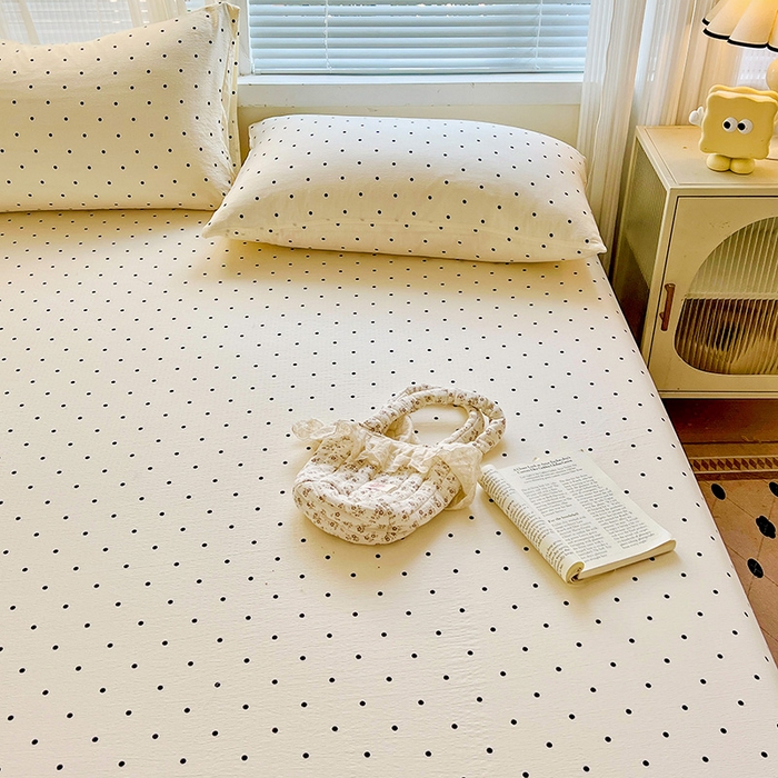 91家纺网 家纺一手货源 找家纺 优选 2026新款ins小清新木棉双层纱印花床笠床垫保护罩枕套三件套 小点点