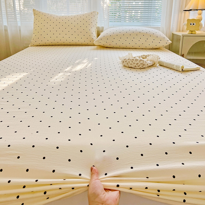 91家纺网 家纺一手货源 找家纺 优选 2026新款ins小清新木棉双层纱印花床笠床垫保护罩枕套三件套 小点点