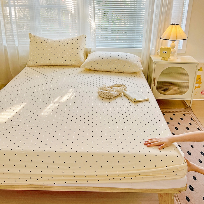 91家纺网 家纺一手货源 找家纺 优选 2026新款ins小清新木棉双层纱印花床笠床垫保护罩枕套三件套 小点点