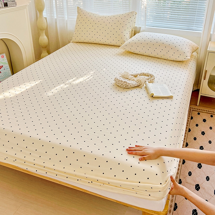 91家纺网 家纺一手货源 找家纺 优选 2026新款ins小清新木棉双层纱印花床笠床垫保护罩枕套三件套 小点点