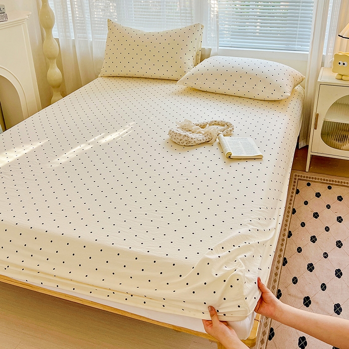 91家纺网 家纺一手货源 找家纺 优选 2026新款ins小清新木棉双层纱印花床笠床垫保护罩枕套三件套 小点点