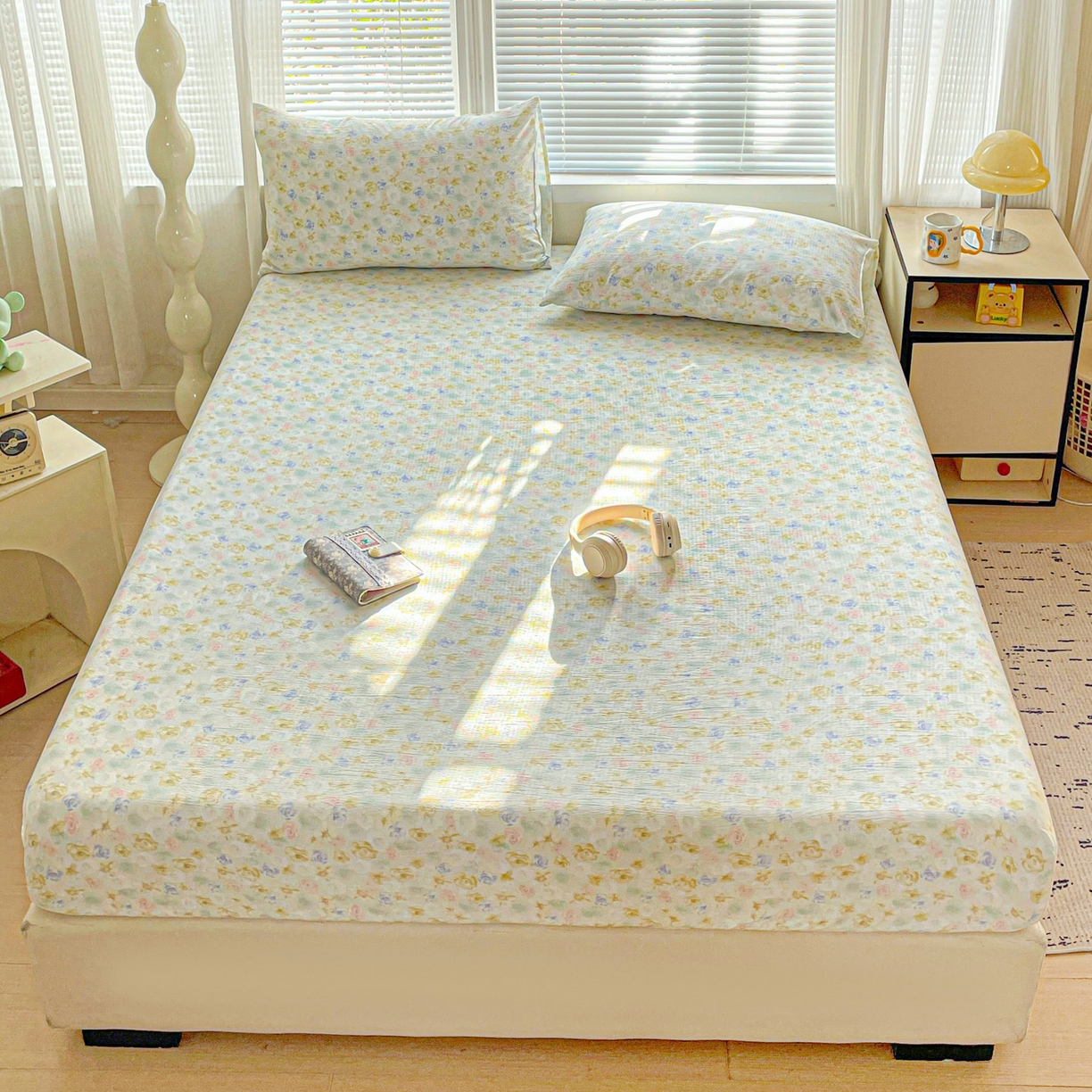 优选良品 2025新款ins小清新木棉双层纱印花床笠床垫保护罩枕套三件套 蝶梦