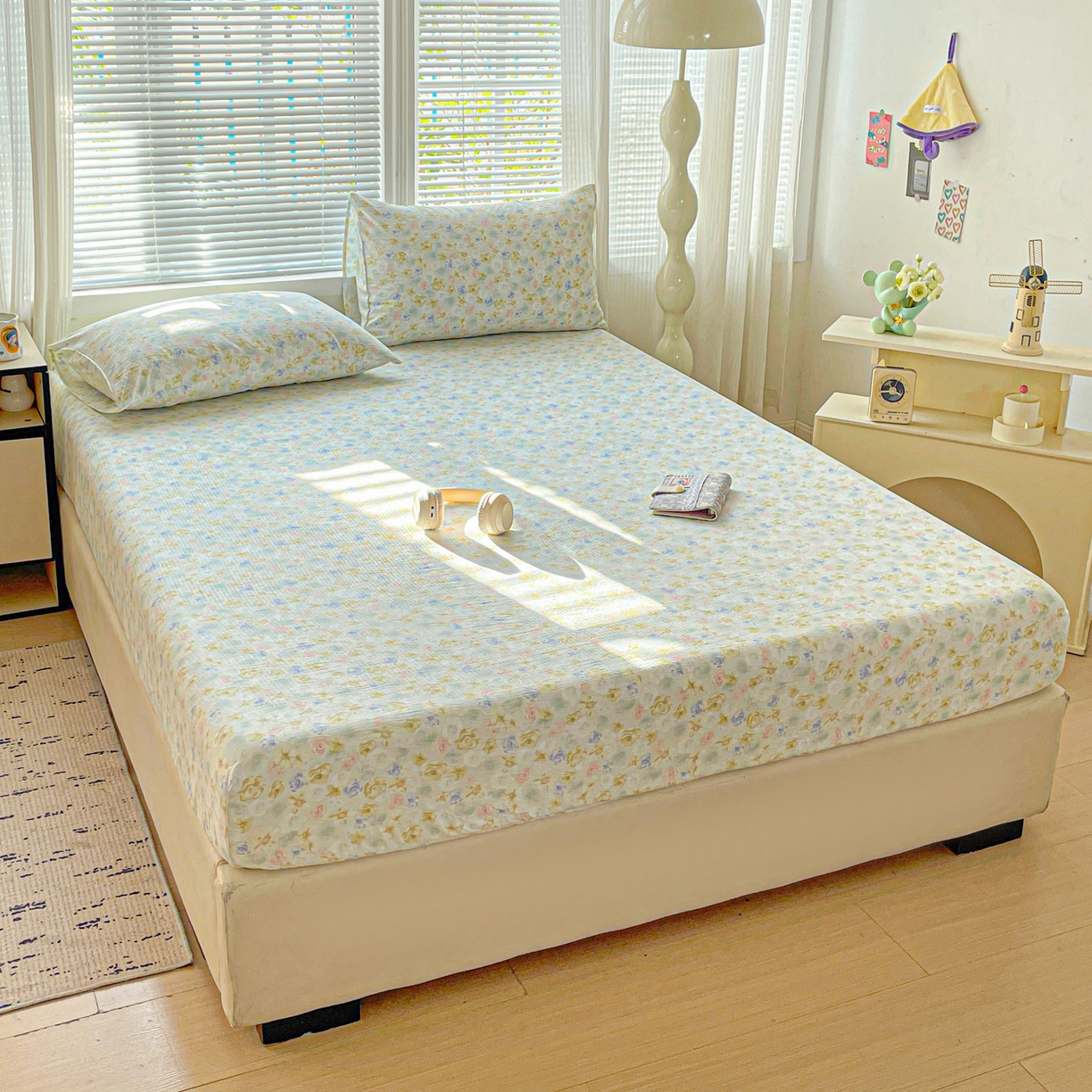 91家纺网 家纺一手货源 找家纺 优选良品 2025新款ins小清新木棉双层纱印花床笠床垫保护罩枕套三件套 蝶梦