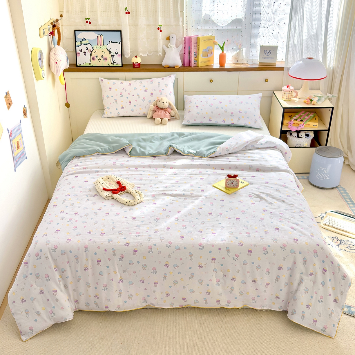 91家纺网 家纺一手货源 找家纺 铺尚美家纺 2026新款A类水洗双层纱大豆夏被子被芯 星落水母湾