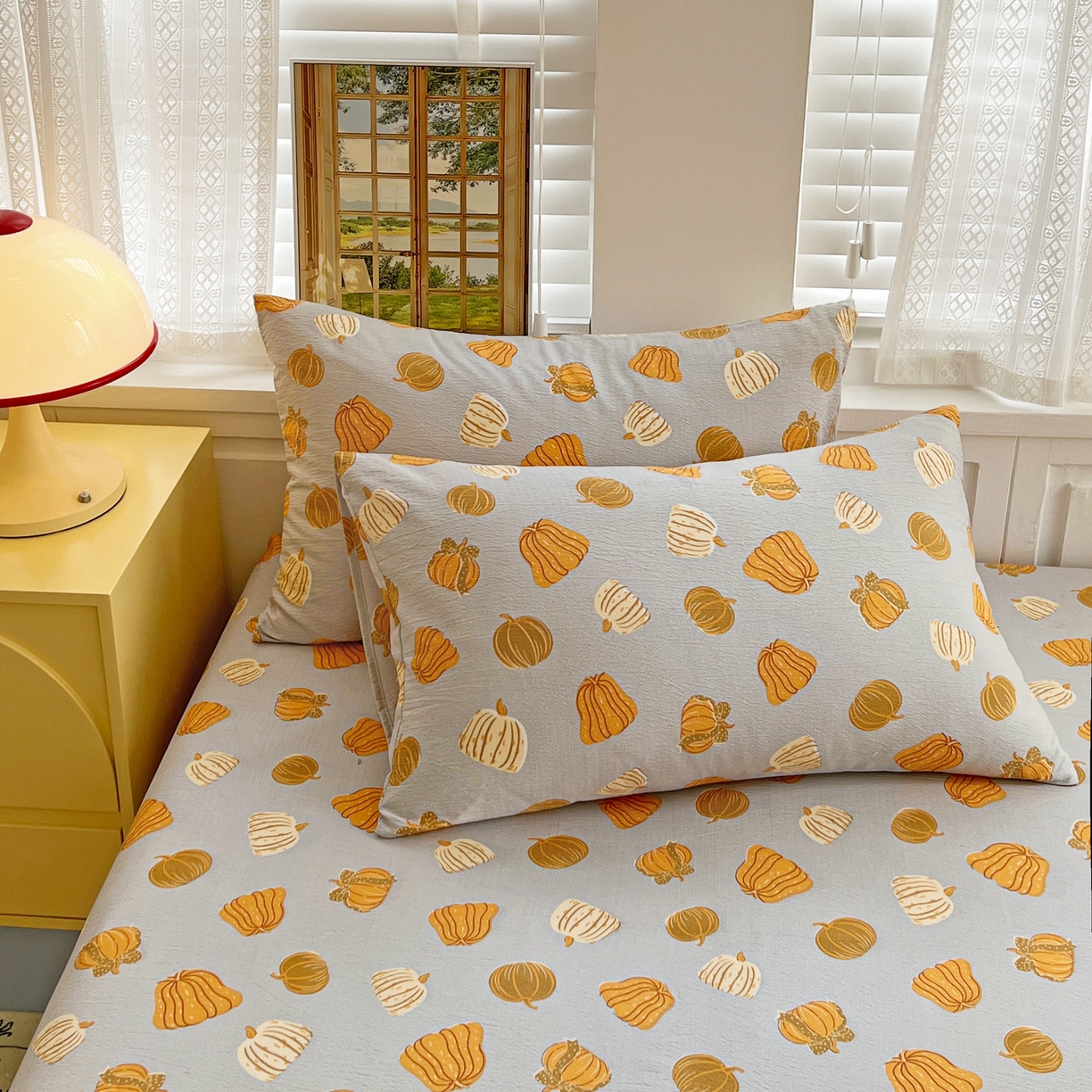 91家纺网 家纺一手货源 找家纺 优选 2026新款ins小清新木棉双层纱印花床笠床垫保护罩枕套三件套 南瓜堡