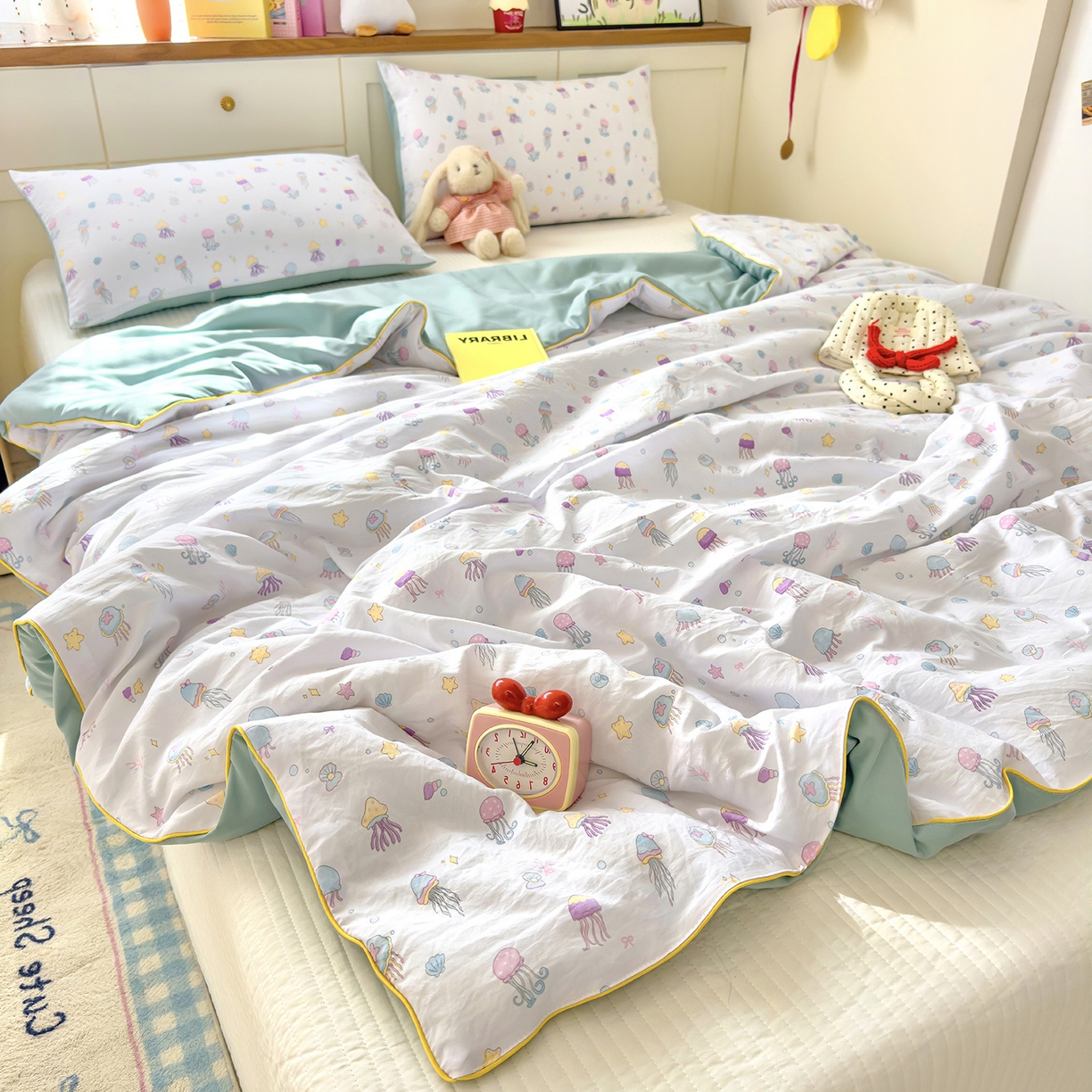 91家纺网 家纺一手货源 找家纺 铺尚美家纺 2026新款A类水洗双层纱大豆夏被子被芯 星落水母湾