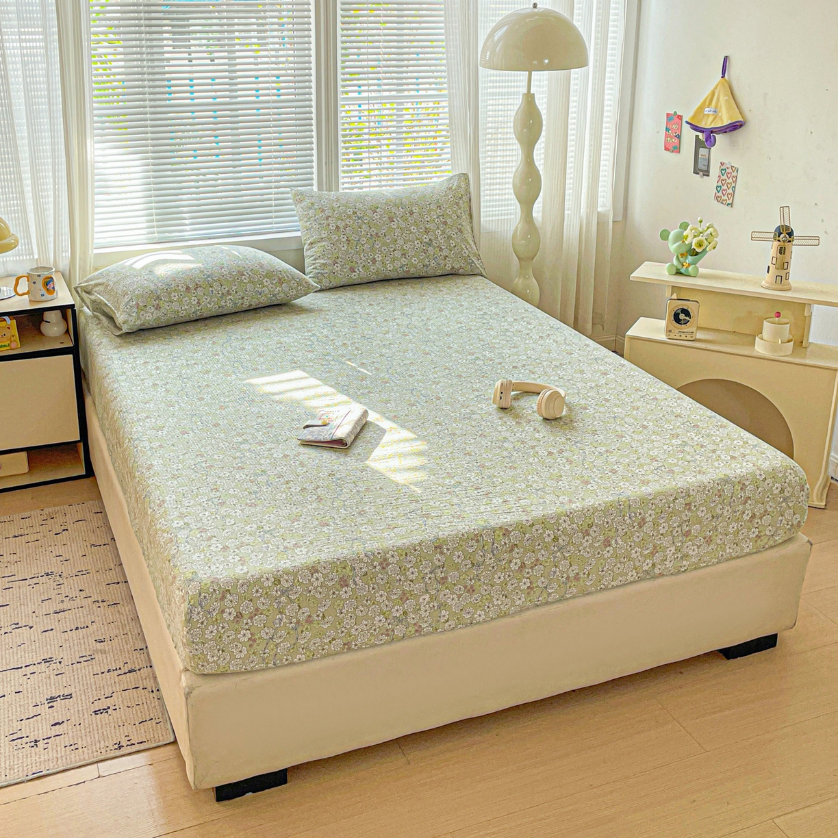 91家纺网 家纺一手货源 找家纺 优选良品 2025新款ins小清新木棉双层纱印花床笠床垫保护罩枕套三件套 繁苏