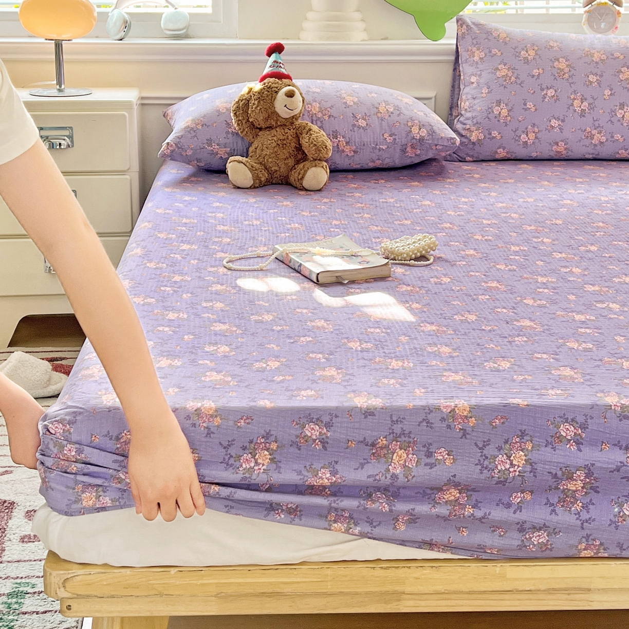 91家纺网 家纺一手货源 找家纺 优选 2026新款ins小清新木棉双层纱印花床笠床垫保护罩枕套三件套 花汀