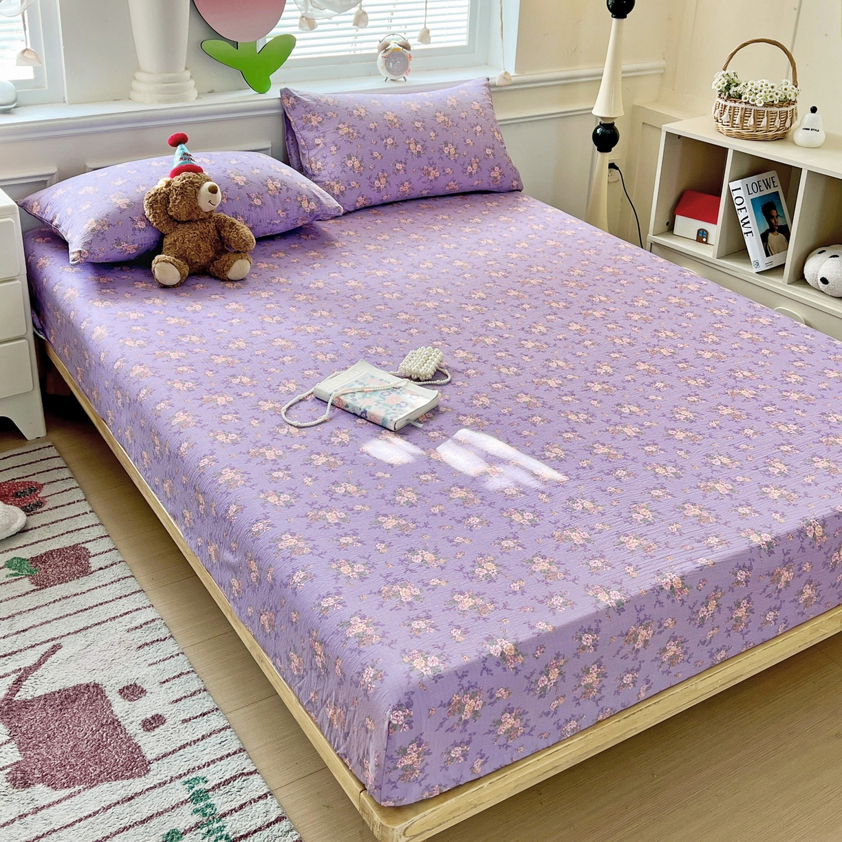 91家纺网 家纺一手货源 找家纺 优选 2026新款ins小清新木棉双层纱印花床笠床垫保护罩枕套三件套 花汀