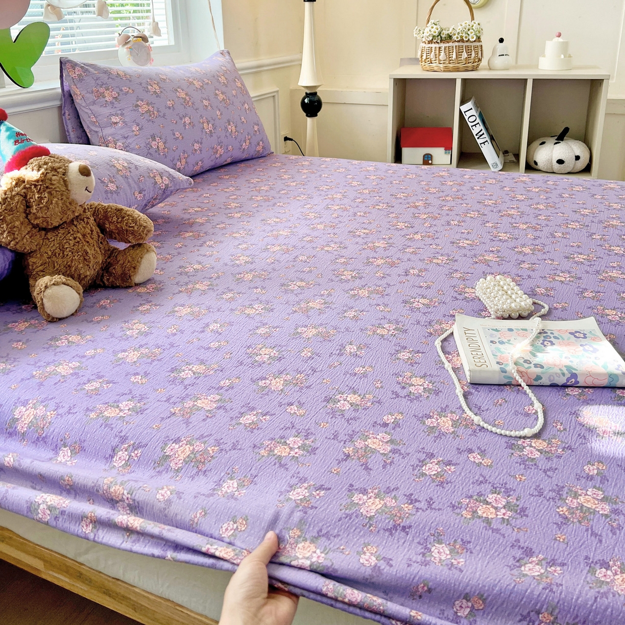 91家纺网 家纺一手货源 找家纺 优选 2026新款ins小清新木棉双层纱印花床笠床垫保护罩枕套三件套 花汀