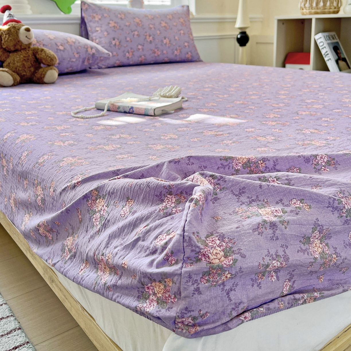 91家纺网 家纺一手货源 找家纺 优选 2026新款ins小清新木棉双层纱印花床笠床垫保护罩枕套三件套 花汀