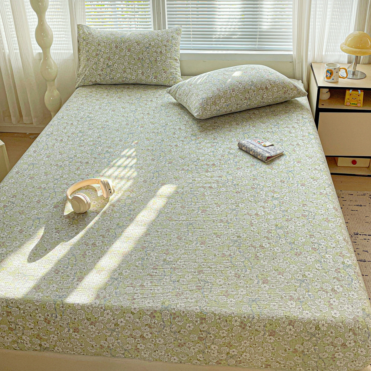 91家纺网 家纺一手货源 找家纺 优选良品 2025新款ins小清新木棉双层纱印花床笠床垫保护罩枕套三件套 繁苏