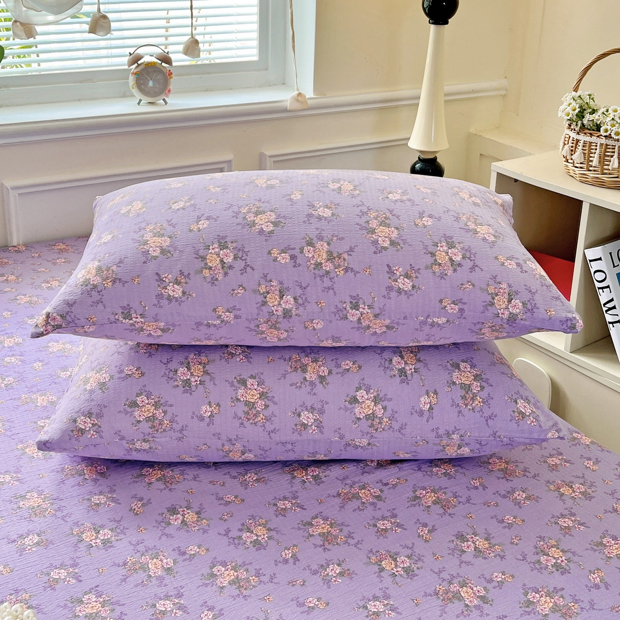 91家纺网 家纺一手货源 找家纺 优选 2026新款ins小清新木棉双层纱印花床笠床垫保护罩枕套三件套 花汀