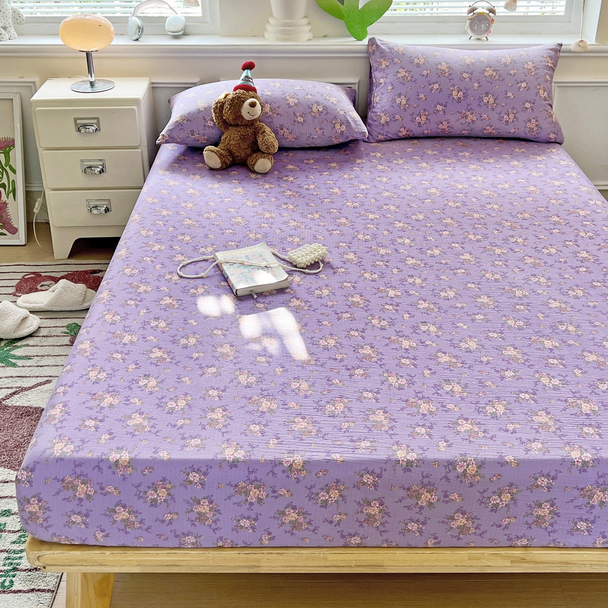 91家纺网 家纺一手货源 找家纺 优选 2026新款ins小清新木棉双层纱印花床笠床垫保护罩枕套三件套 花汀