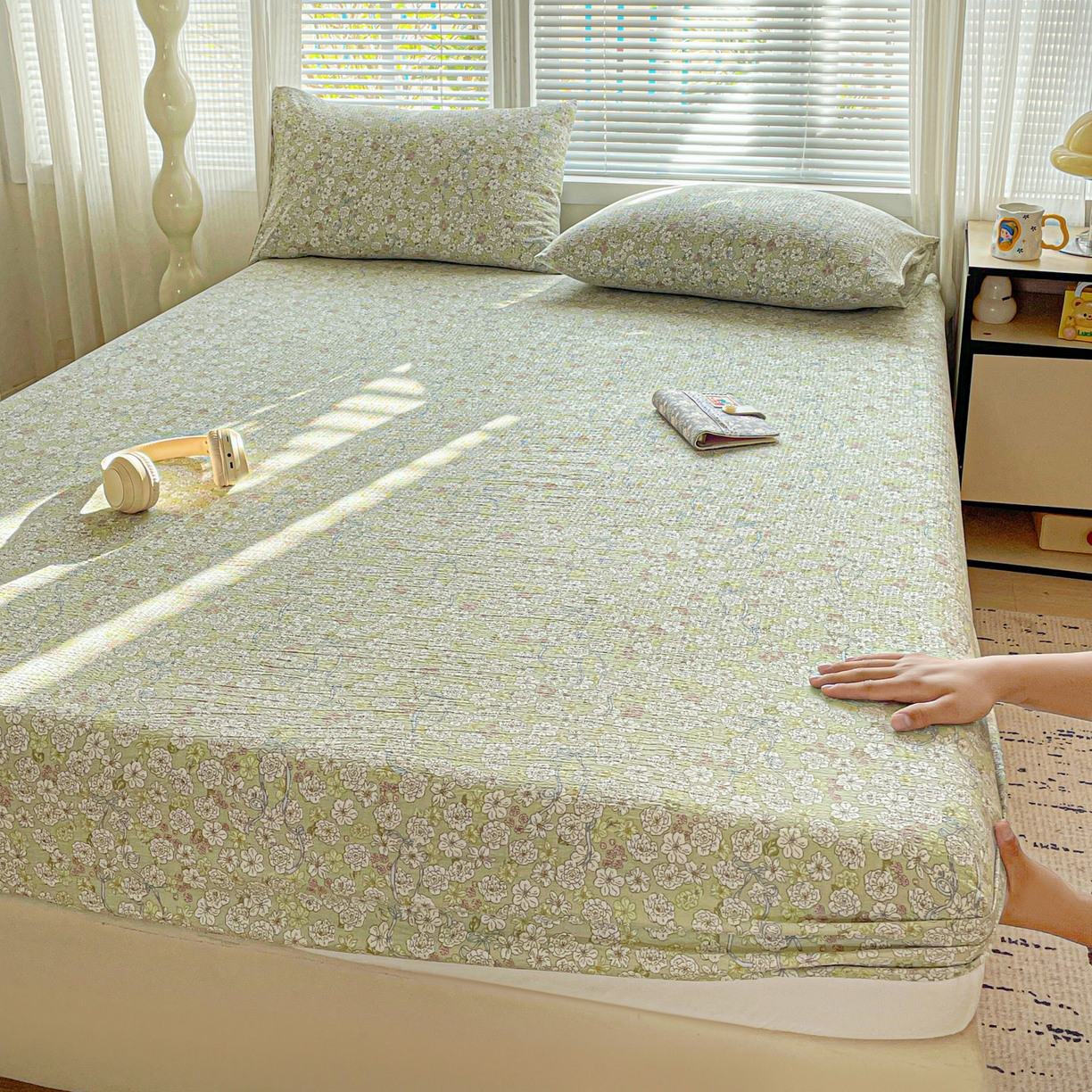 91家纺网 家纺一手货源 找家纺 优选良品 2025新款ins小清新木棉双层纱印花床笠床垫保护罩枕套三件套 繁苏