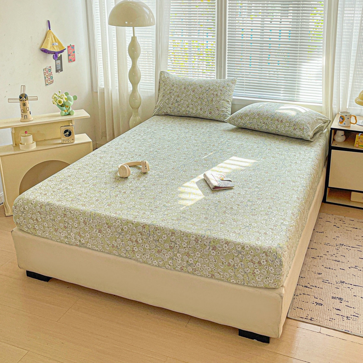 91家纺网 家纺一手货源 找家纺 优选良品 2025新款ins小清新木棉双层纱印花床笠床垫保护罩枕套三件套 繁苏