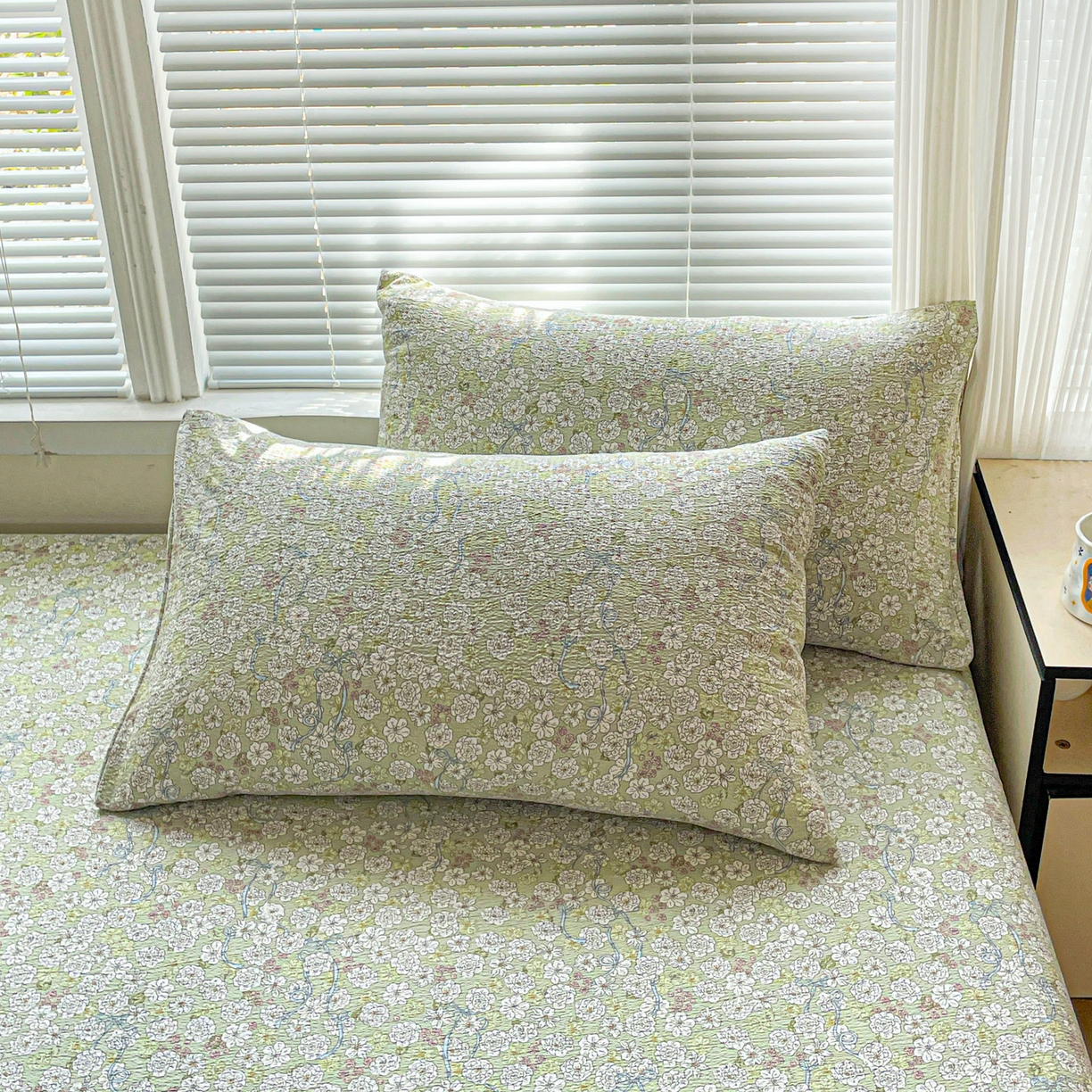 91家纺网 家纺一手货源 找家纺 优选良品 2025新款ins小清新木棉双层纱印花床笠床垫保护罩枕套三件套 繁苏