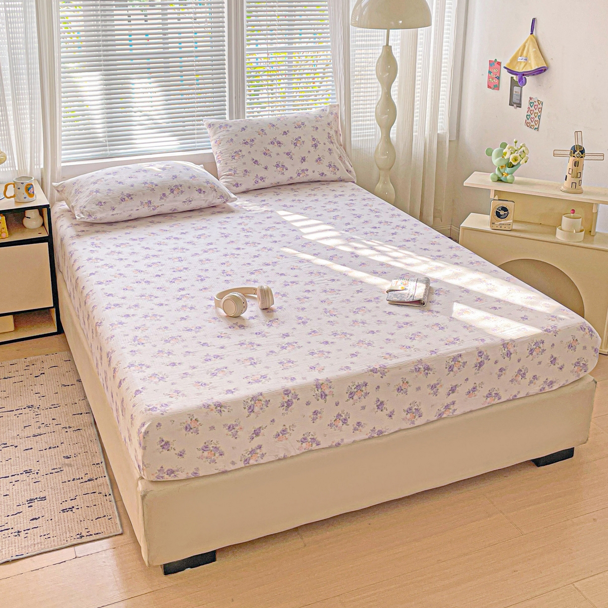 91家纺网 家纺一手货源 找家纺 优选良品 2025新款ins小清新木棉双层纱印花床笠床垫保护罩枕套三件套 酣春