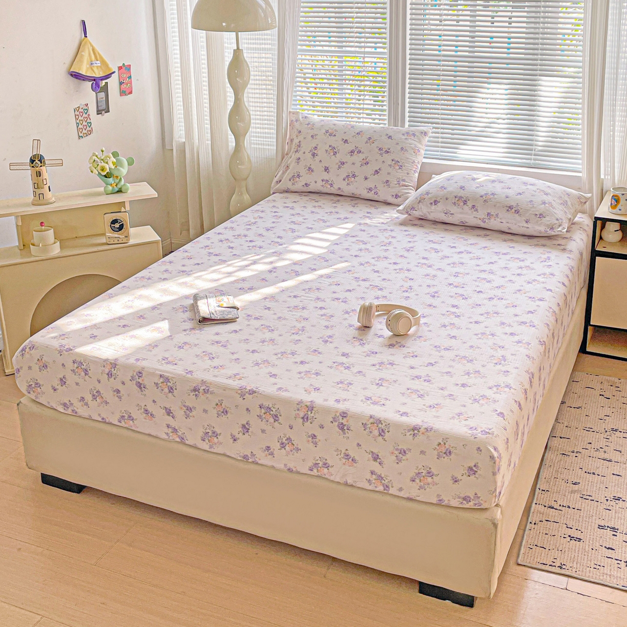 91家纺网 家纺一手货源 找家纺 优选良品 2025新款ins小清新木棉双层纱印花床笠床垫保护罩枕套三件套 酣春