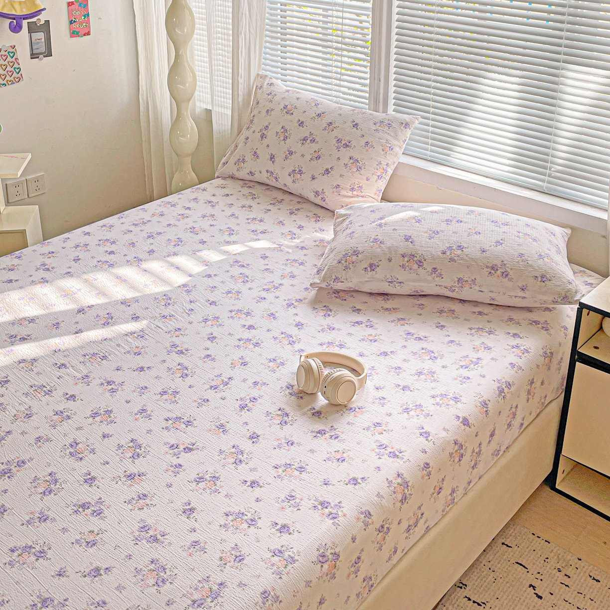 91家纺网 家纺一手货源 找家纺 优选良品 2025新款ins小清新木棉双层纱印花床笠床垫保护罩枕套三件套 酣春