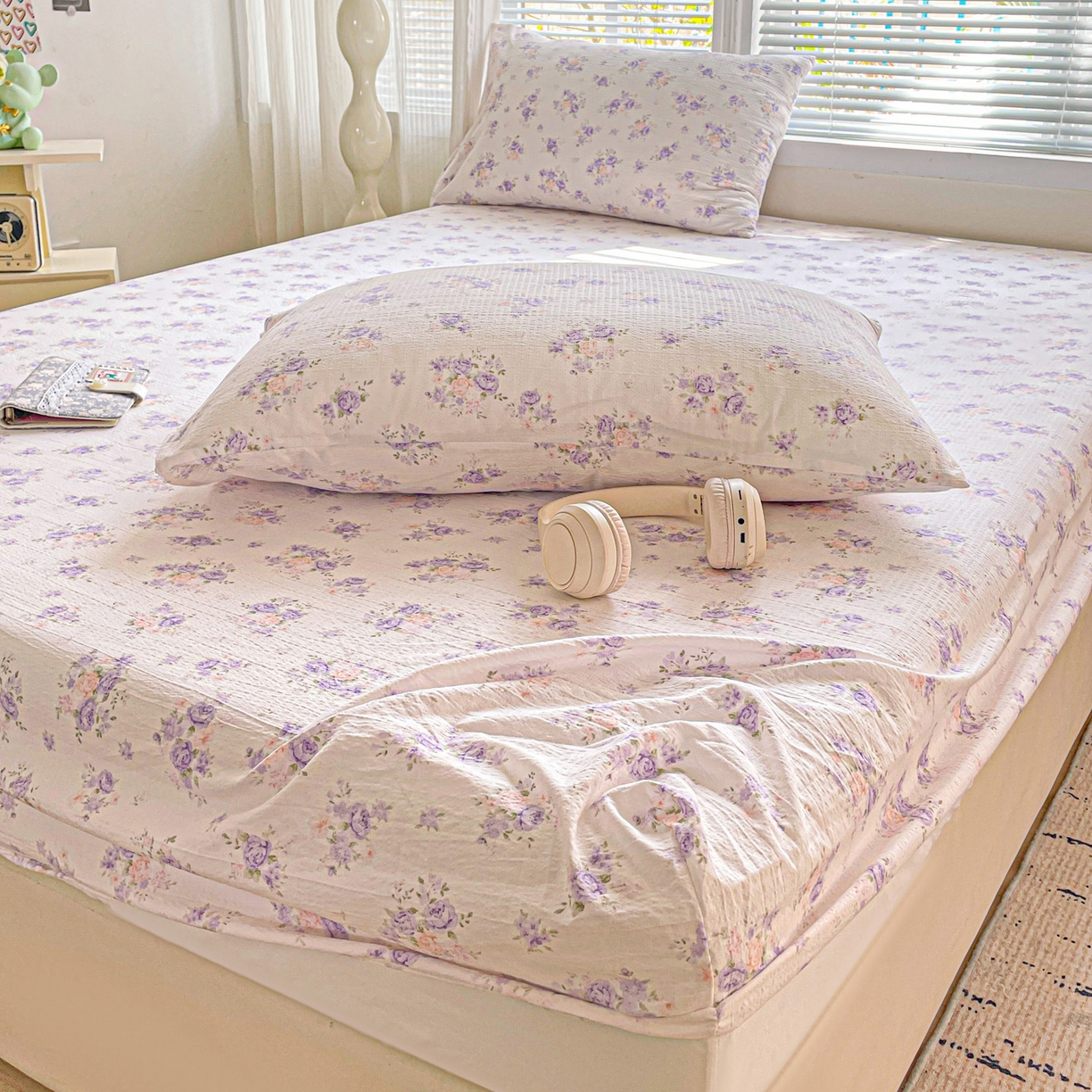 91家纺网 家纺一手货源 找家纺 优选良品 2025新款ins小清新木棉双层纱印花床笠床垫保护罩枕套三件套 酣春