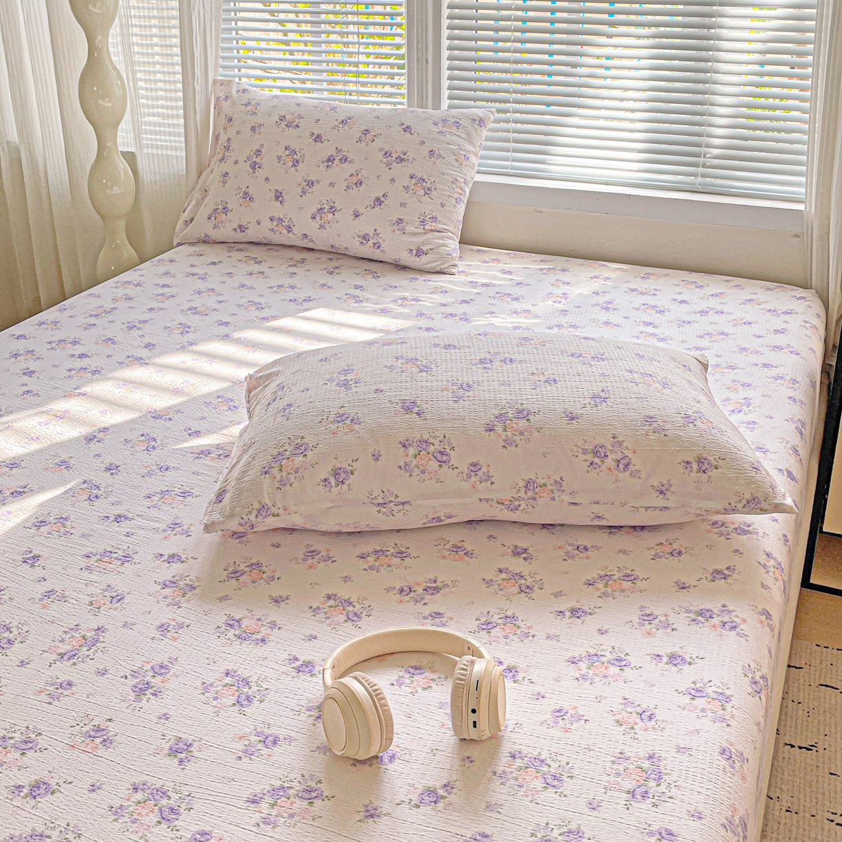 91家纺网 家纺一手货源 找家纺 优选良品 2025新款ins小清新木棉双层纱印花床笠床垫保护罩枕套三件套 酣春